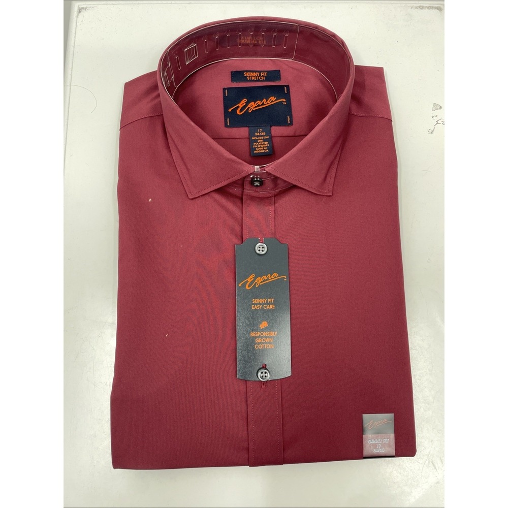 Egara Dress Shirt Mens 17 34/35 Maroon Skinny Fit Stretch Long Sleeve Oxford NWT